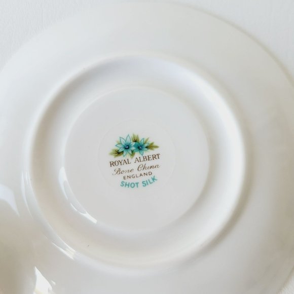 Royal Albert Shot Silk Teacup & Saucer White Blue Green Floral Swag Embossed VTG - Picture 10 of 14